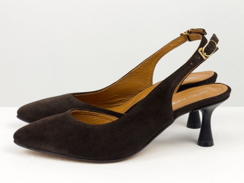Коричневі туфлі з натуральної замші з відкритою п'ятою на підборі рюмочка ,Т-2305-15